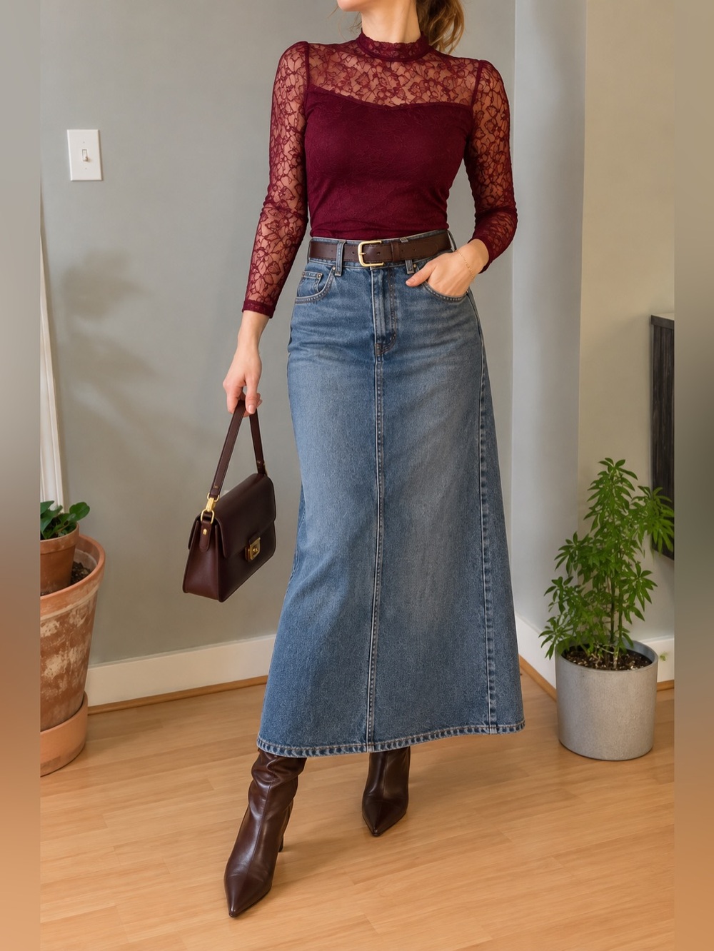Low waisted Denim maxi Skirt with slit a line cut super flattering US 3/4 S XS